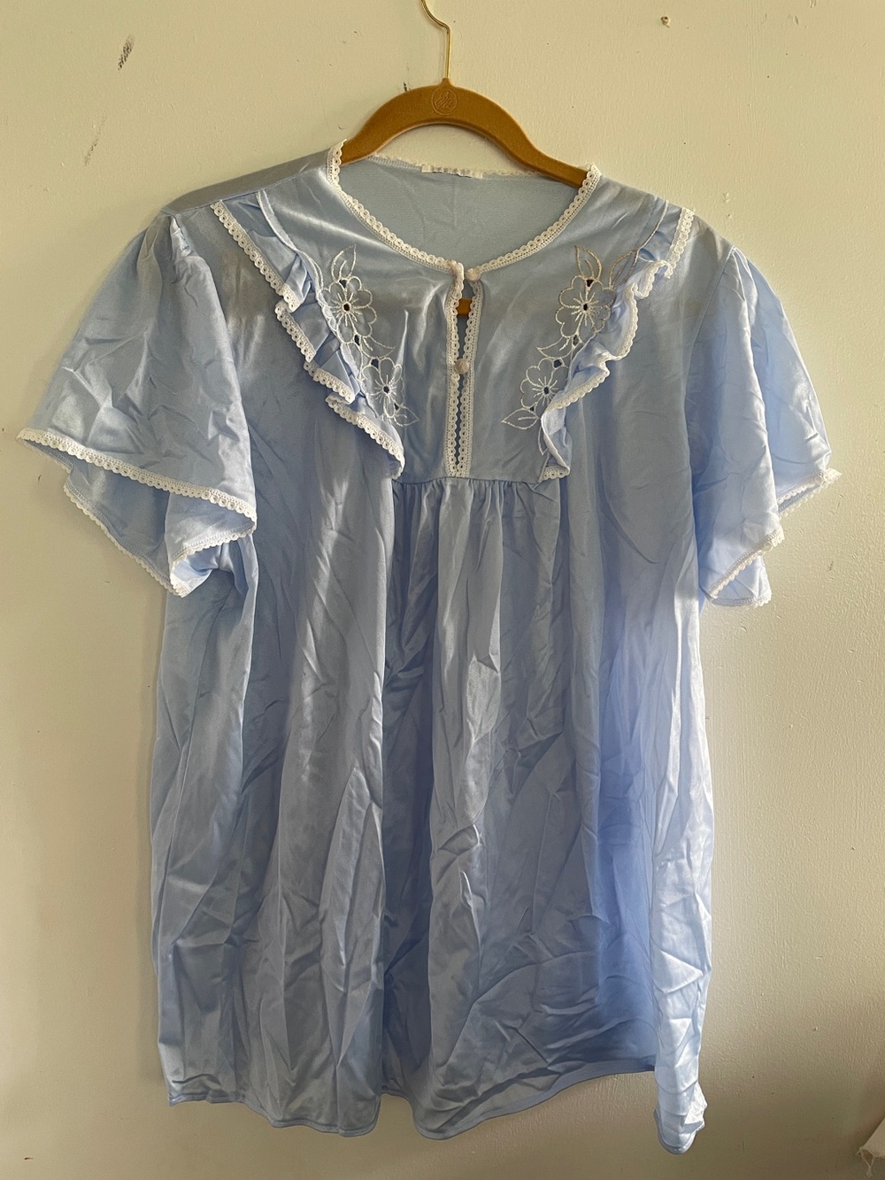 Vintage Light Blue nylon Embroidered Ruffle Nightgown